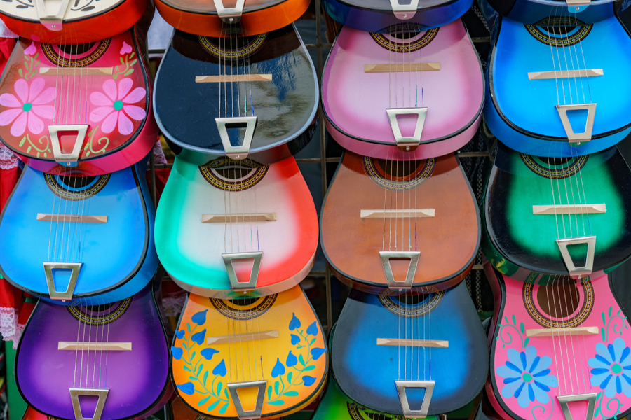 Close up shot of colorful ukulele at Olvera Street, Los Angeles 